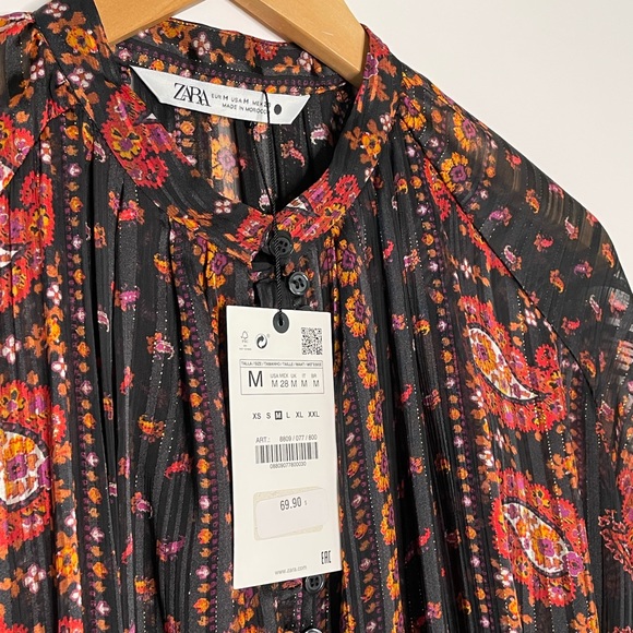 Zara Size M Black/Red Mini Bohemian Drop Waist Print Dress 8809/077 - Picture 4 of 8